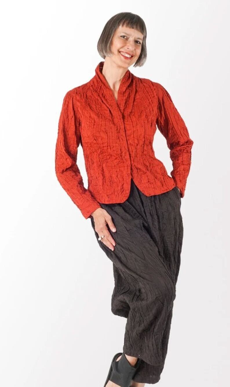 MIEKO MINTZ Sz S Small Red Dyed Cotton Silk Shirt Top Blouse Heavy Voile